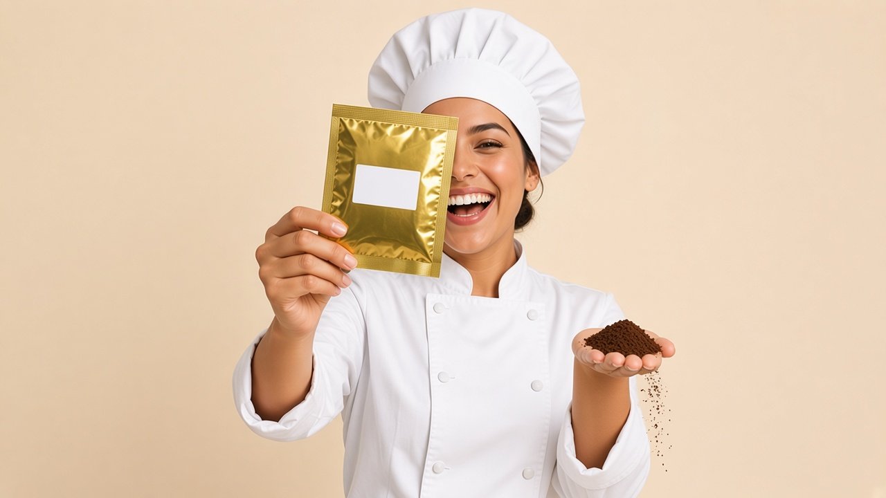 Chef mostrando un sobre de café de 2.7 oz y café molido